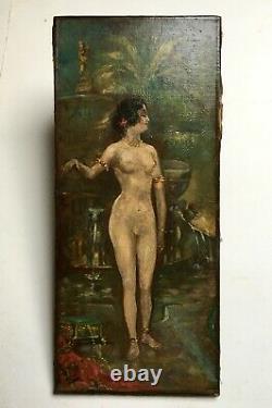 Tableau ancien, P-J Gervais, Huile sur toile, Nu, Femme à la fontaine, Fin XIXe