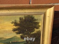 Tableau ancien. Paysage Animé. Peinture huile sur toile