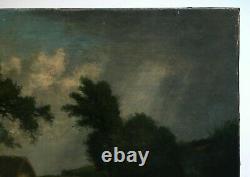 Tableau ancien, Paysage, Poules et chaumières, Aube, Huile sur toile, XIXe