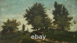 Tableau ancien, Paysage animé, Ecole de Barbizon, Huile sur toile, Peinture XIXe