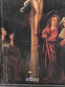 Tableau ancien, Peinture d'une Crucifixion sur bois XVIIIème