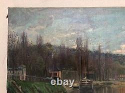 Tableau ancien, Péniche à quai, Paysage impressionniste, Peinture, Fin XIXe