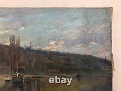 Tableau ancien, Péniche à quai, Paysage impressionniste, Peinture, Fin XIXe