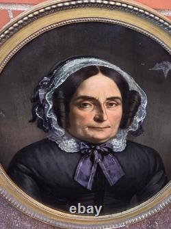Tableau ancien Portrait Femme Noble signé. Peinture huile sur toile
