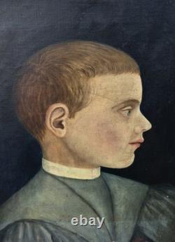 Tableau ancien. Portrait Garçon de profil peinture sur toile signée XIXe siècle