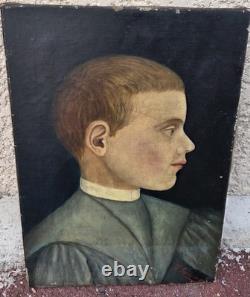 Tableau ancien. Portrait Garçon de profil peinture sur toile signée XIXe siècle