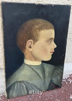 Tableau ancien. Portrait Garçon de profil peinture sur toile signée XIXe siècle