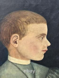 Tableau ancien. Portrait Garçon de profil peinture sur toile signée XIXe siècle