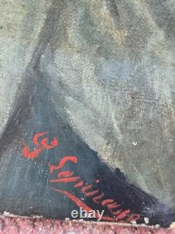 Tableau ancien. Portrait Garçon de profil peinture sur toile signée XIXe siècle