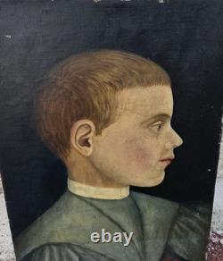 Tableau ancien. Portrait Garçon de profil peinture sur toile signée XIXe siècle