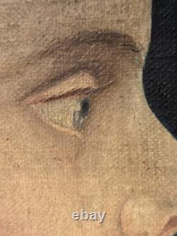 Tableau ancien. Portrait Garçon de profil peinture sur toile signée XIXe siècle