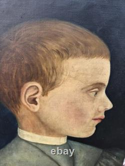 Tableau ancien. Portrait Garçon de profil peinture sur toile signée XIXe siècle