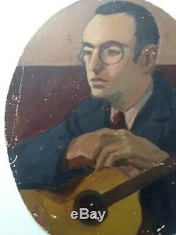 Tableau ancien Portrait Homme à la Guitare Huile sur carton à restaurer