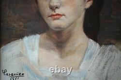 Tableau ancien, Portrait, Jeune femme, 1911, Huile sur toile, Signé à identifier