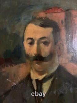 Tableau ancien Portrait d'homme Moustache Guidon dans un paysage Belle époque