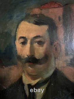 Tableau ancien Portrait d'homme Moustache Guidon dans un paysage Belle époque