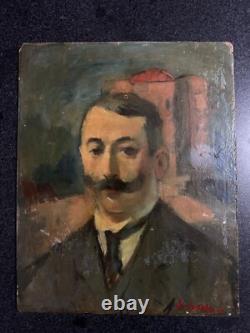 Tableau ancien Portrait d'homme Moustache Guidon dans un paysage Belle époque