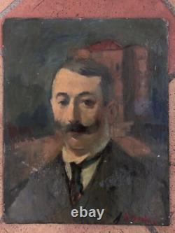 Tableau ancien Portrait d'homme Moustache Guidon dans un paysage Belle époque