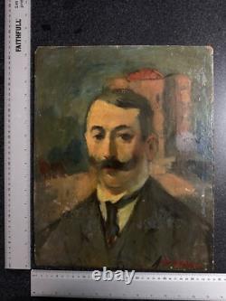Tableau ancien Portrait d'homme Moustache Guidon dans un paysage Belle époque