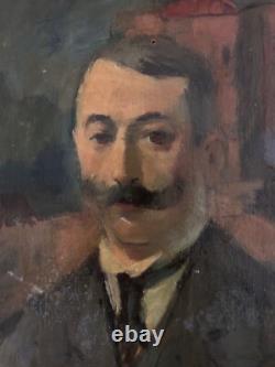 Tableau ancien Portrait d'homme Moustache Guidon dans un paysage Belle époque