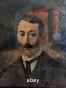 Tableau ancien Portrait d'homme Moustache Guidon dans un paysage Belle époque