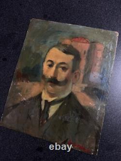 Tableau ancien Portrait d'homme Moustache Guidon dans un paysage Belle époque