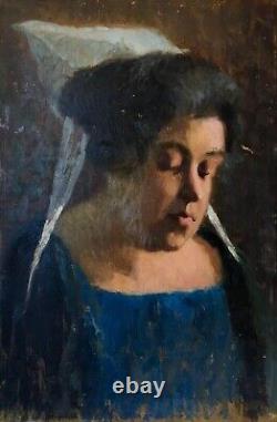 Tableau ancien, Portrait de bretonne, Huile sur carton, Peinture, Début XXe