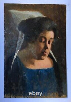 Tableau ancien, Portrait de bretonne, Huile sur carton, Peinture, Début XXe