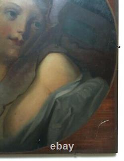 Tableau ancien, Portrait de femme en médaillon sur panneau d'acajou, XIXe