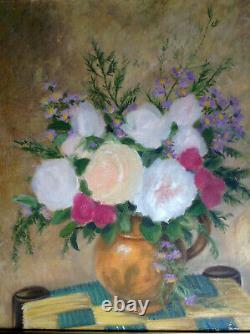 Tableau ancien Post-impressionniste Bouquet de Roses Huile sur toile c1945