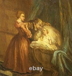Tableau ancien. Scène D' intérieur. Peinture huile sur panneau de bois signé