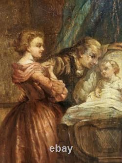 Tableau ancien. Scène D' intérieur. Peinture huile sur panneau de bois signé
