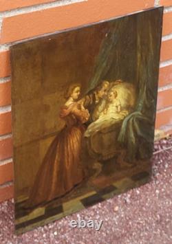 Tableau ancien. Scène D' intérieur. Peinture huile sur panneau de bois signé