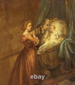 Tableau ancien. Scène D' intérieur. Peinture huile sur panneau de bois signé