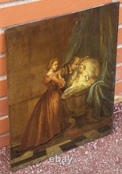 Tableau ancien. Scène D' intérieur. Peinture huile sur panneau de bois signé