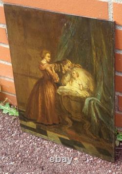 Tableau ancien. Scène D' intérieur. Peinture huile sur panneau de bois signé