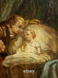 Tableau ancien. Scène D' intérieur. Peinture huile sur panneau de bois signé