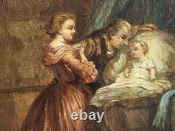 Tableau ancien. Scène D' intérieur. Peinture huile sur panneau de bois signé