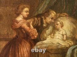 Tableau ancien. Scène D' intérieur. Peinture huile sur panneau de bois signé