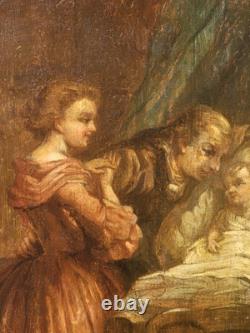 Tableau ancien. Scène D' intérieur. Peinture huile sur panneau de bois signé