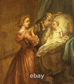 Tableau ancien. Scène D' intérieur. Peinture huile sur panneau de bois signé