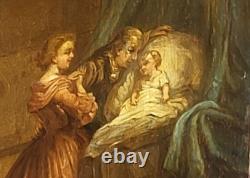 Tableau ancien. Scène D' intérieur. Peinture huile sur panneau de bois signé