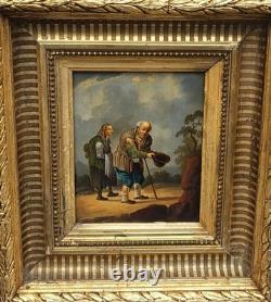 Tableau ancien. Scène de genre. Peinture huile sur toile Reposant sur carton