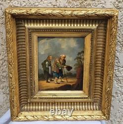 Tableau ancien. Scène de genre. Peinture huile sur toile Reposant sur carton