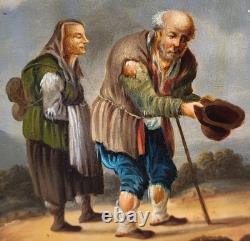 Tableau ancien. Scène de genre. Peinture huile sur toile Reposant sur carton