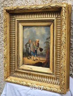 Tableau ancien. Scène de genre. Peinture huile sur toile Reposant sur carton