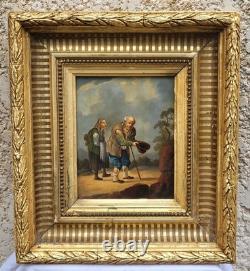 Tableau ancien. Scène de genre. Peinture huile sur toile Reposant sur carton