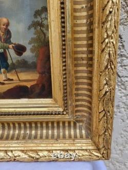 Tableau ancien. Scène de genre. Peinture huile sur toile Reposant sur carton