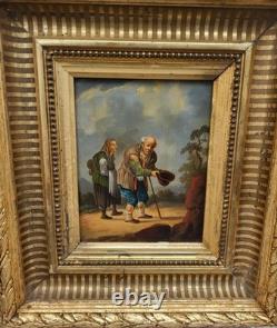 Tableau ancien. Scène de genre. Peinture huile sur toile Reposant sur carton