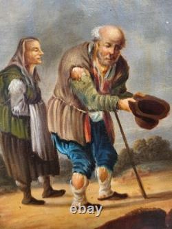 Tableau ancien. Scène de genre. Peinture huile sur toile Reposant sur carton